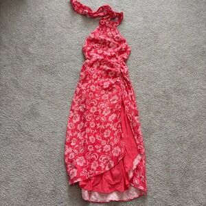 Ramy Brook Linen Halter Dress Womens 4 Pink Floral Midi Hawaiian Tropical Resort